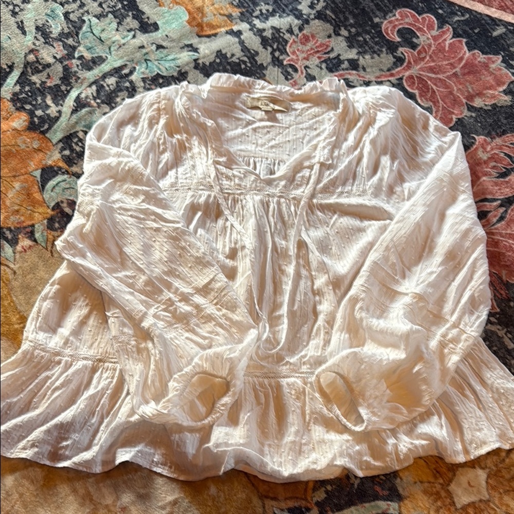 LOFT White Ruffled Peplum Blouse with Mandarin Collar